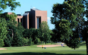 Cofrin Library with the Shorewood Golf Course in the foreground.